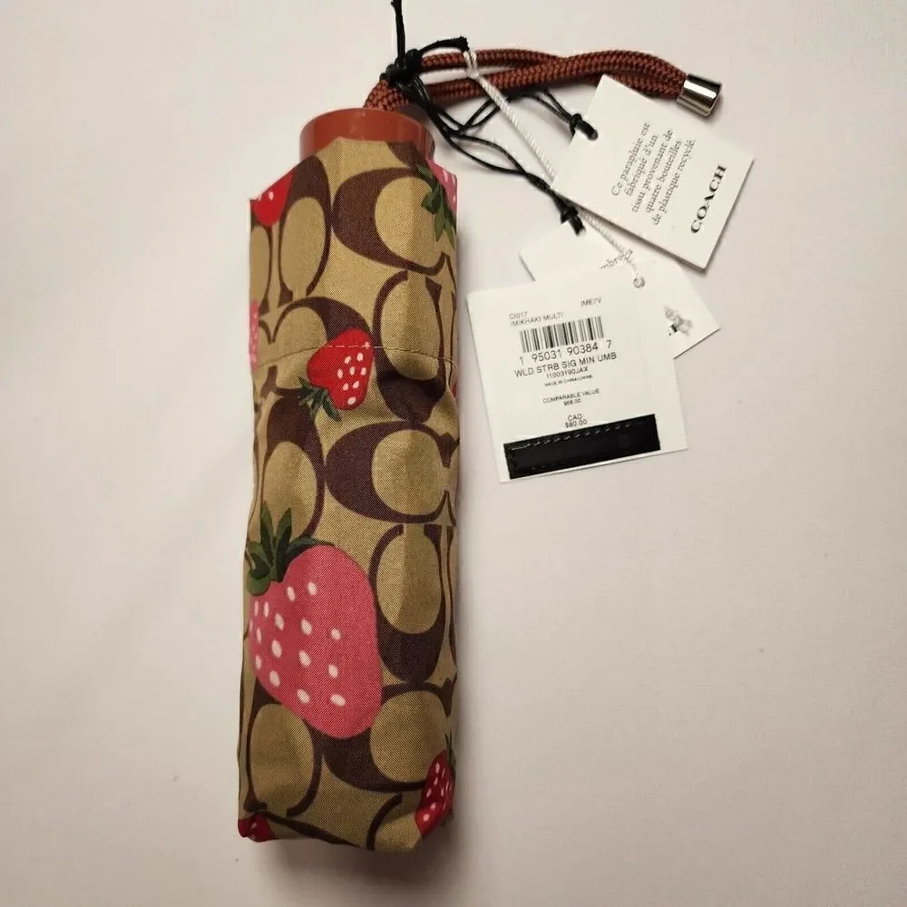 NWT Coach Mini Umbrella in Wild Strawberry Print Gold Khaki Multi - Picture 2 of 3